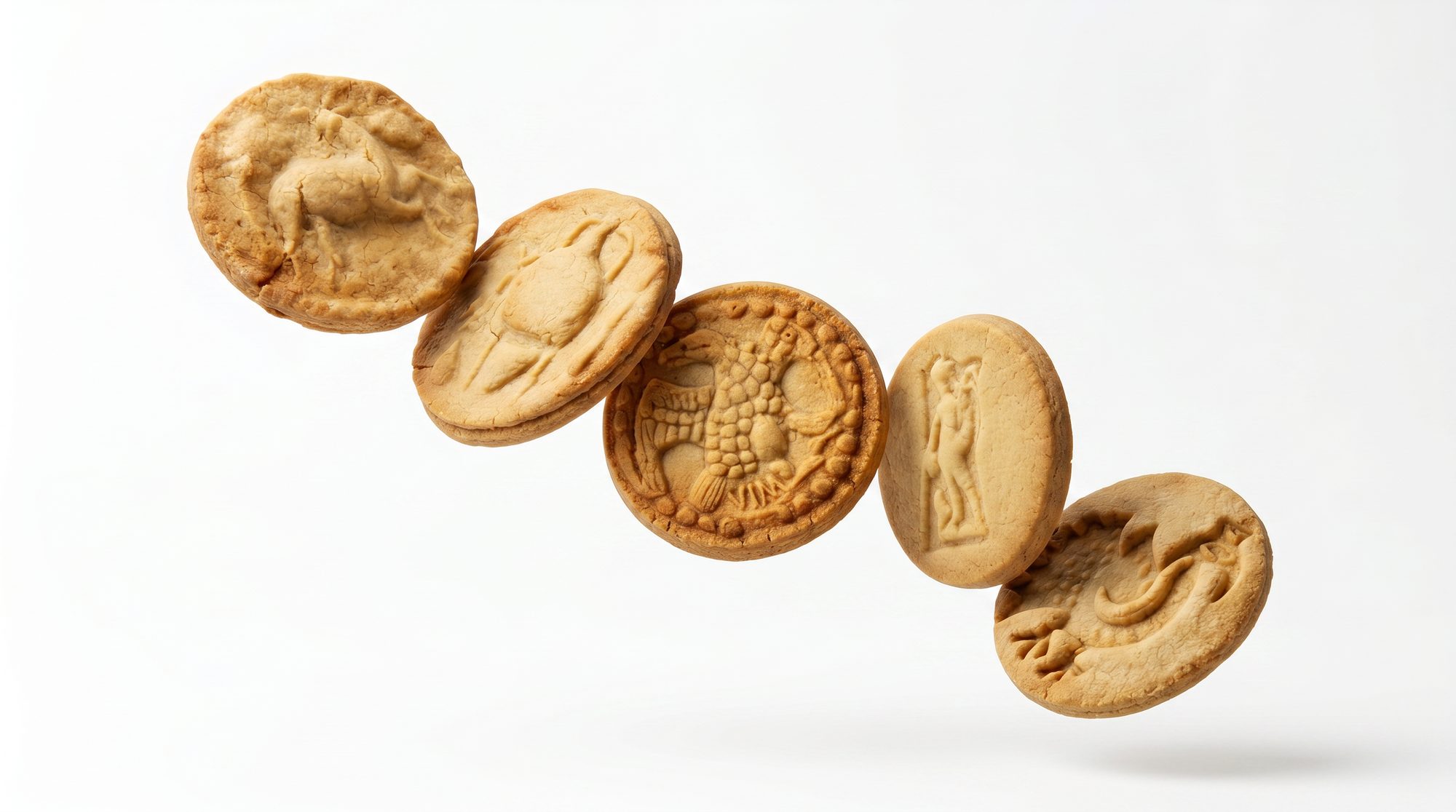 Five floating Amulum cookies on white