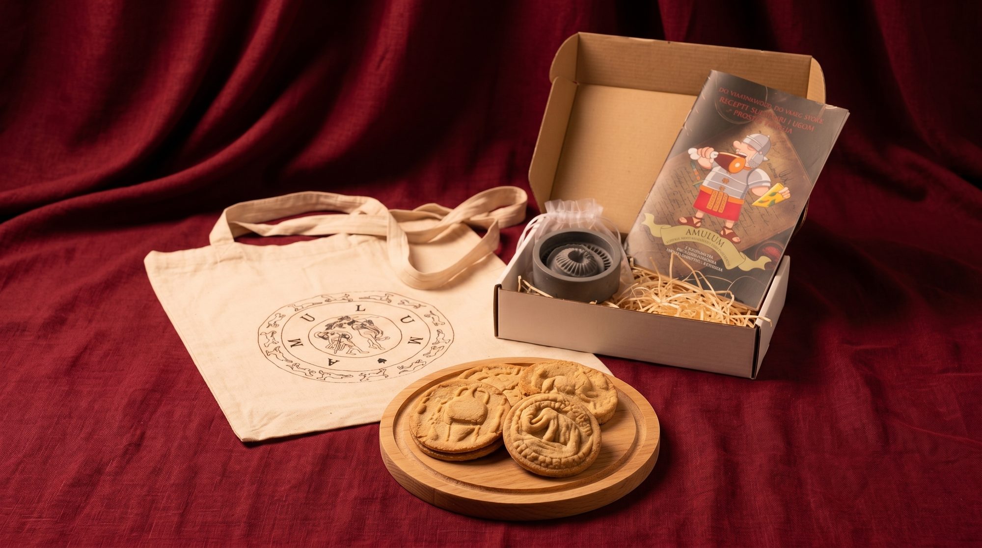 Amulum gift set and cookies on red fabric
