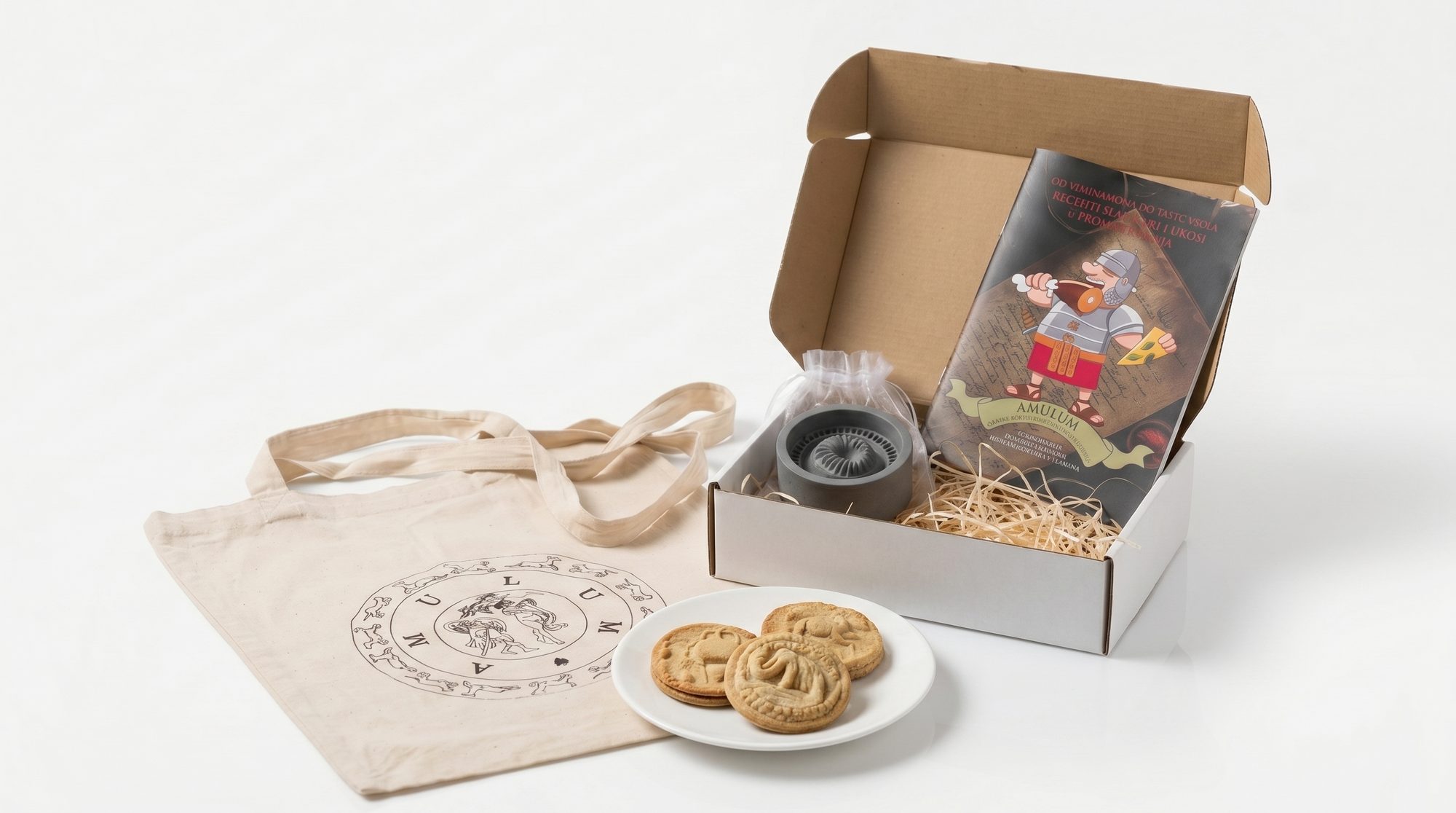 Amulum gift set, tote bag and cookies on white
