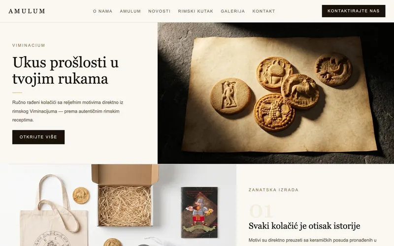 Amulum website homepage: embossed Roman cookies on parchment next to the headline