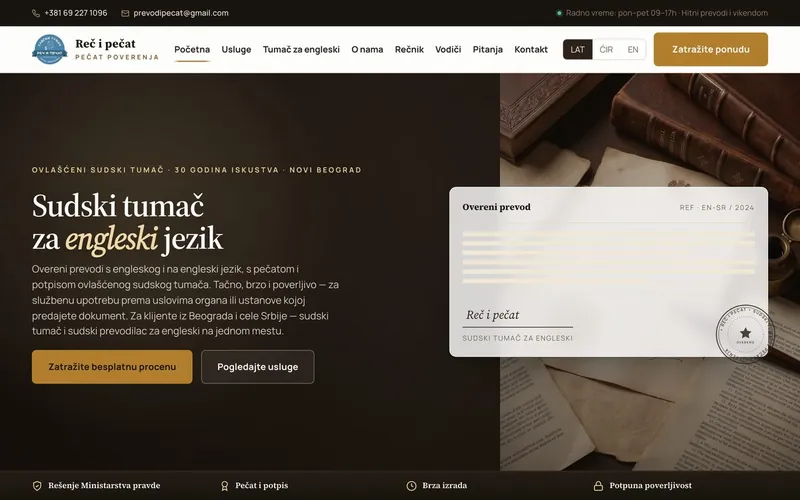 Reč i pečat website homepage for a sworn court translator for English