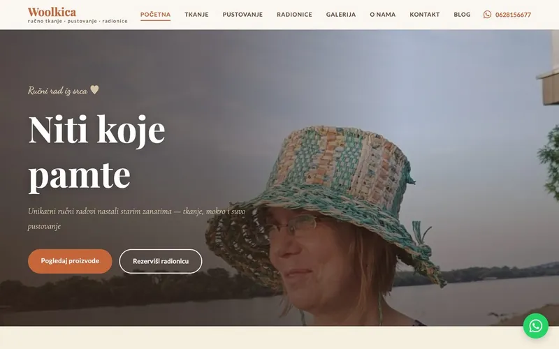 Woolkica website homepage: woman wearing a hand-woven hat by the river