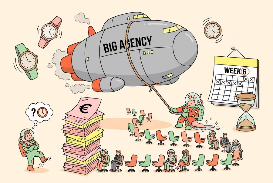 Illustration: a snail astronaut towing a giant Big Agency spaceship past a queue of meeting chairs, a stack of invoices and a week-6 calendar