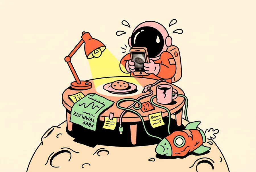 Illustration: a stressed astronaut on a tiny moon taking a blurry phone photo of a cookie next to a free template and a crashed rocket